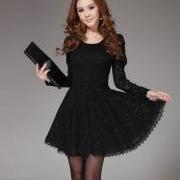 Women new dress long sleeved bottoming lace dress woman skirt-Black