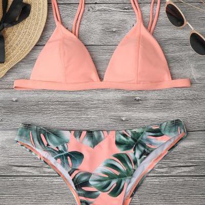 Fashion Women Sexy Bikini Leaf Printed Split Bikini Set For Summer Beach Swimsuit Bathing Suit Swimwear - Pink