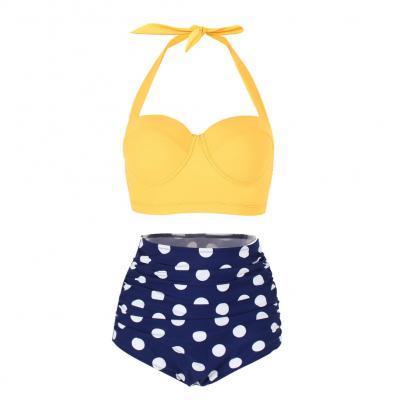 Two-Piece Swimsuit Featuring Yellow Tie Halter Top and Polka Dots High-Waisted Bottoms