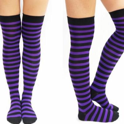 New Striped Thigh High Socks - Purple & Black