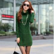 Fashion Long Sleeve Turtle Neck Sweater Dress-Green
