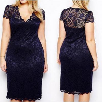 Free Shipping Hollow Sexy V Collar Big Size Lace Dress