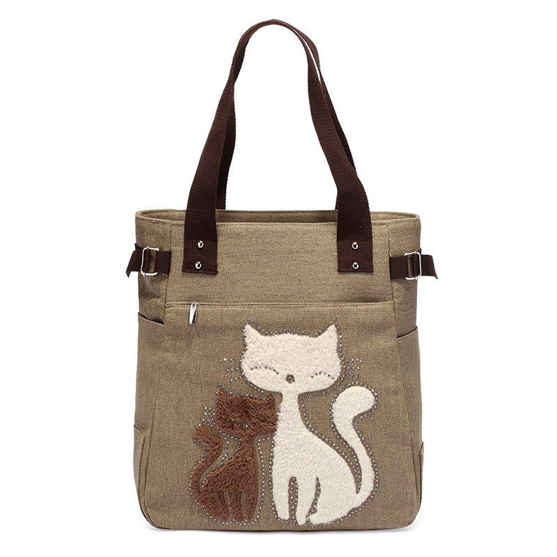Fashion Women Handbag Cute Cat Tote Bag Lady Canvas Bag Shoulder Bag - Khaki