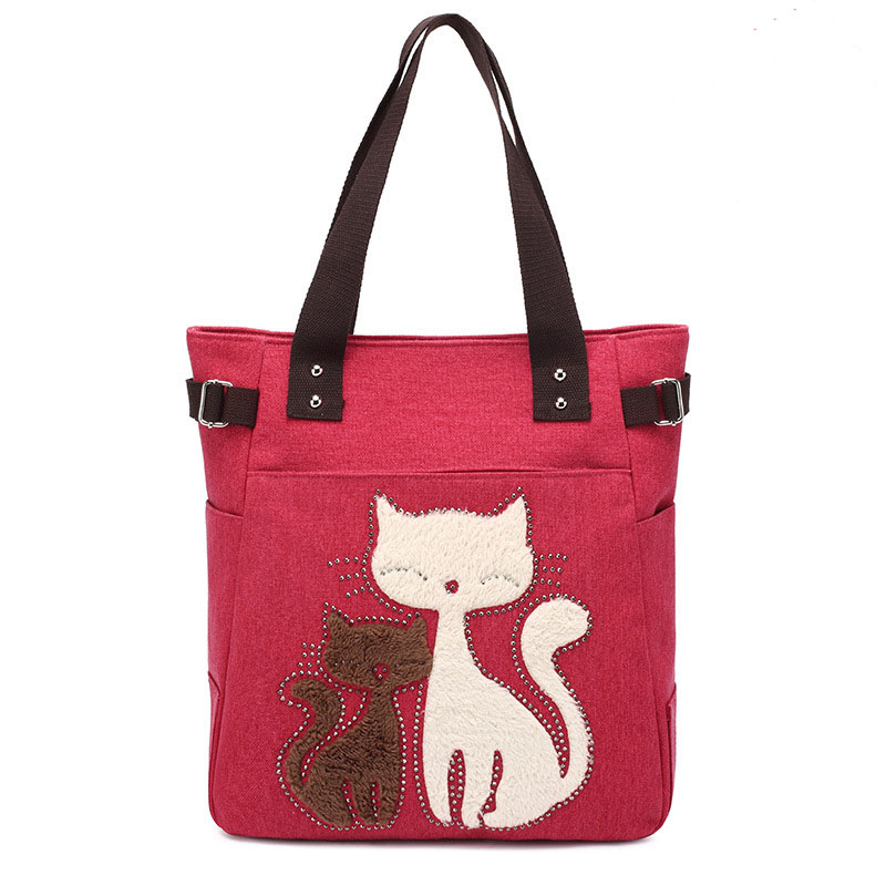 Fashion Women Handbag Cute Cat Tote Bag Lady Canvas Bag Shoulder Bag - Red
