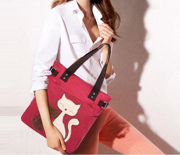Women Fashion Handbag Cat 2026.Fashion Women Handbag Cute Cat Tote Bag Lady Canvas Bag Shoulder Bag ...