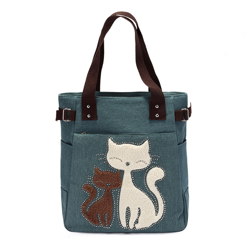 Fashion Women Handbag Cute Cat Tote Bag Lady Canvas Bag Shoulder Bag - Green