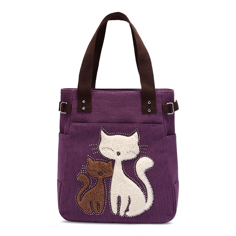Fashion Women Handbag Cute Cat Tote Bag Lady Canvas Bag Shoulder Bag - Purple