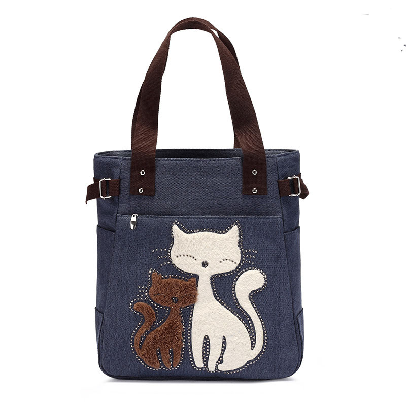 Fashion Women Handbag Cute Cat Tote Bag Lady Canvas Bag Shoulder Bag - Blue