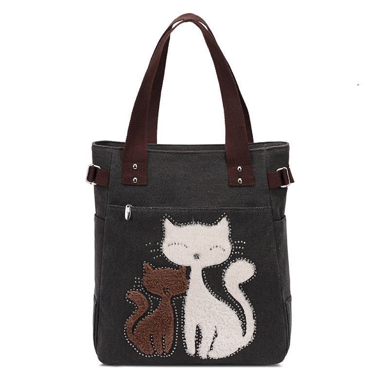 Fashion Women Handbag Cute Cat Tote Bag Lady Canvas Bag Shoulder Bag - Black