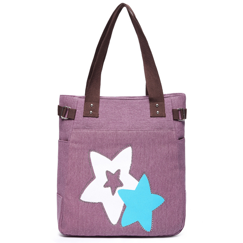 Fashion Women Star Pattern Canvas Shoulder Bag - Purple