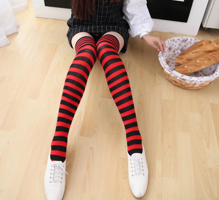 New Striped Thigh High Socks - Red & Black