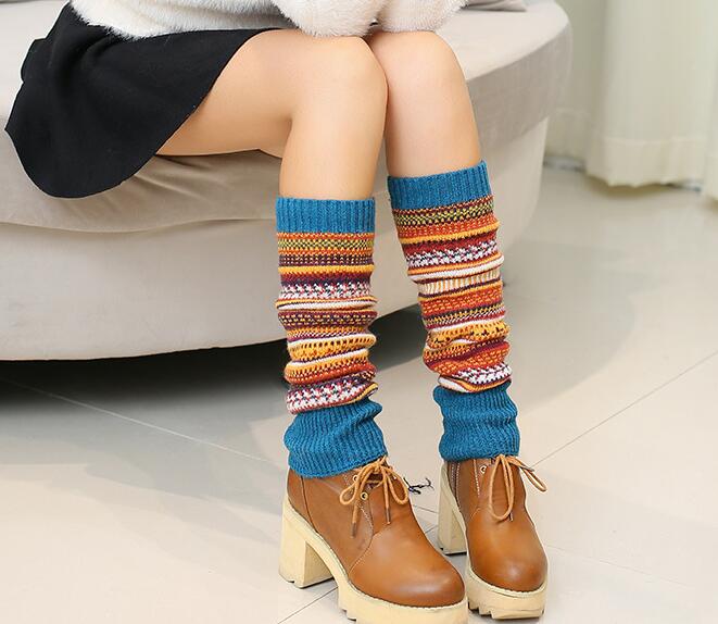 Women Ladies Winter Long Socks Knit Crochet Fashion Leg Warmers Legging Stocking - Blue