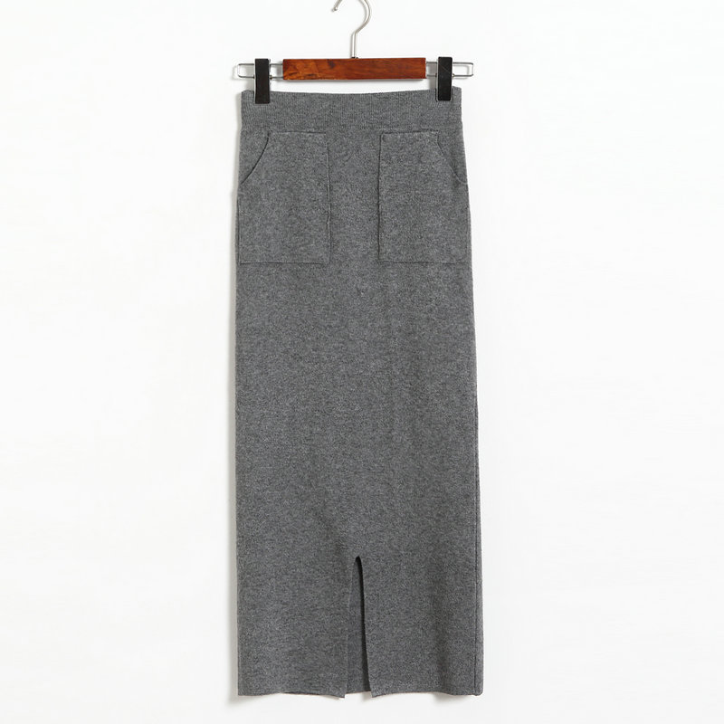 Autumn Winter High Waist Women Skirt Elastic Waist Straight Skrit Office Lady Knitted Skirt - Grey