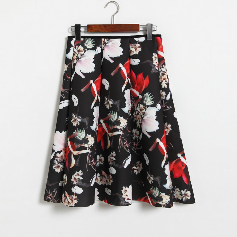 Floral Print Black Ruffled High Rise Knee Length A-line Skirt