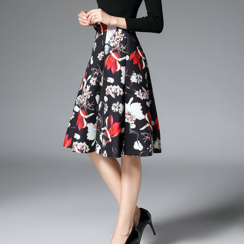 Floral Print Black Ruffled High Rise Knee Length A-Line Skirt on Luulla