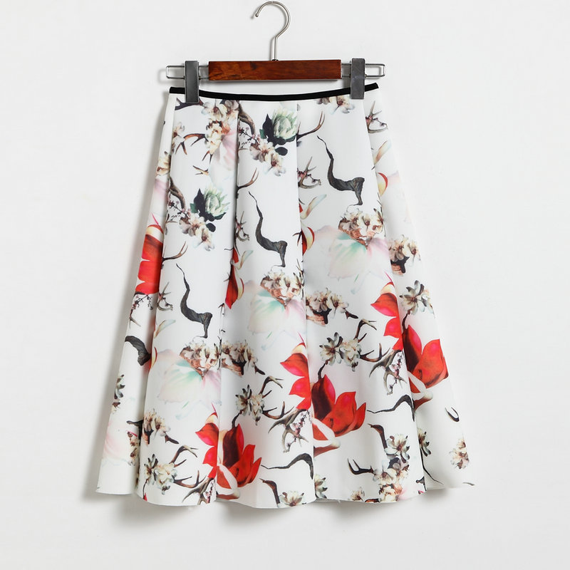 Floral Print White High Rise Ruffled Knee Length A-line Skirt