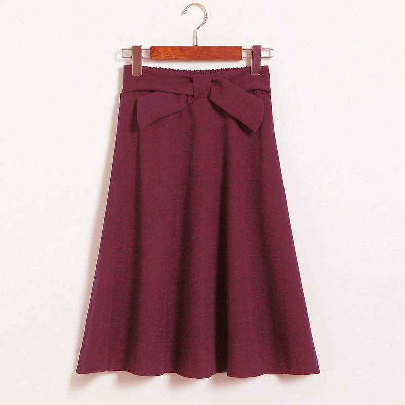 Womens High Waist Solid Elegant Bow Casual A Line Skirt - Wine Red