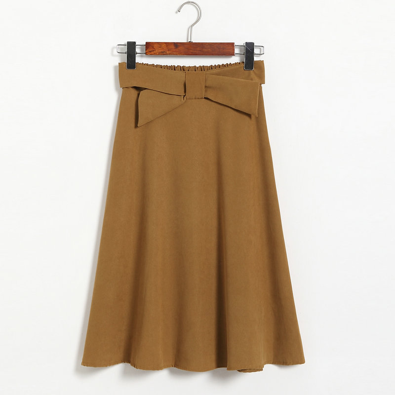 Womens High Waist Solid Elegant Bow Casual A Line Skirt - Khaki