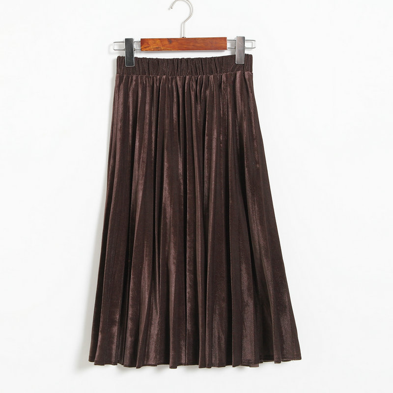 Women Spring Autumn Style Women Elastic Waist Pleated Length Skirt - Coffee