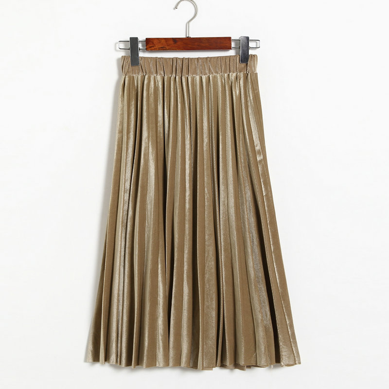 Women Spring Autumn Style Women Elastic Waist Pleated Length Skirt - Khaki