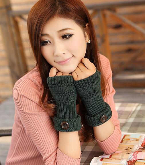 Cute Women Arm Warmer Fingerless Knitted Long Gloves - Dark Green