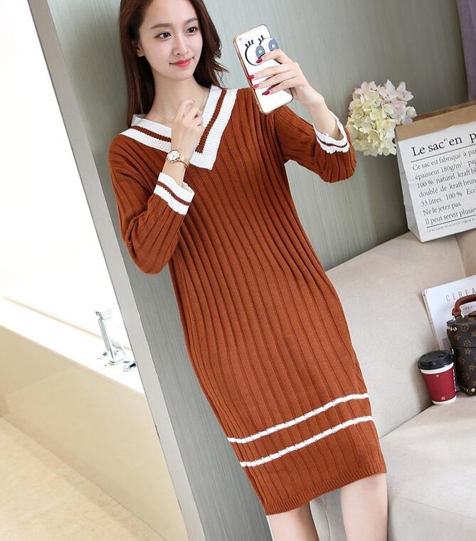 Women V Neck Spring Long Sleeved Knitted Sweater Dress - Coffee