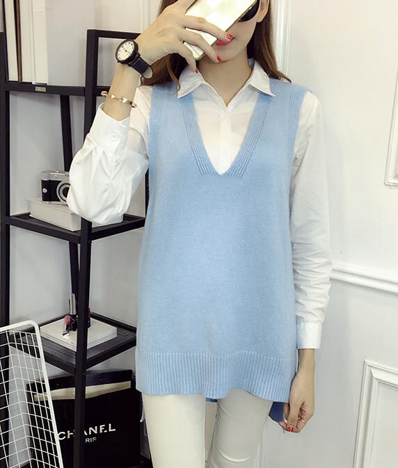 Women V Neck Sleeveless Vintage Pullover Knit Vest Tops - Light Blue