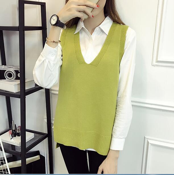 Women V Neck Sleeveless Vintage Pullover Knit Vest Tops - Light Green