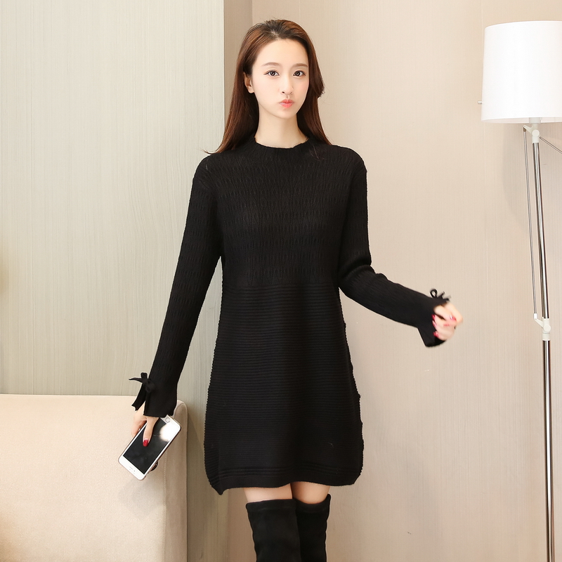 Women Long Sleeve Sweater Dress Casual Loose Long Knit Dress - Black