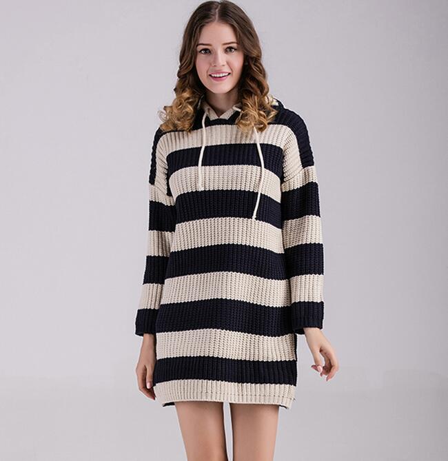 Fashion Women Casual Loose Stripe Sweater Knitwear Long Sleeve Blouse Tops - Black