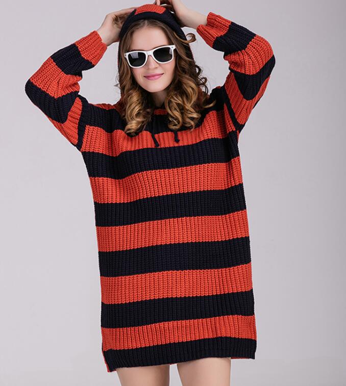 Fashion Women Casual Loose Stripe Sweater Knitwear Long Sleeve Blouse Tops - Orange
