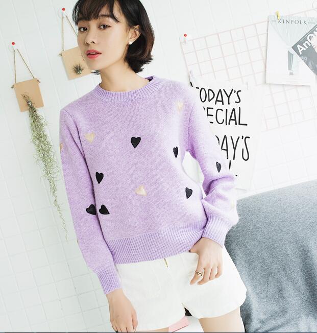 Women Fashion Winter Autumn Heart Sweater Candy Color Pullovers Knitting Sweater Tops - Purple