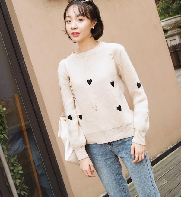 Women Fashion Winter Autumn Heart Sweater Candy Color Pullovers Knitting Sweater Tops - Beige