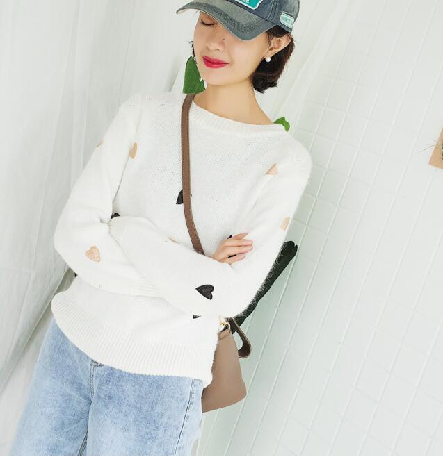 Women Fashion Winter Autumn Heart Sweater Candy Color Pullovers Knitting Sweater Tops - White