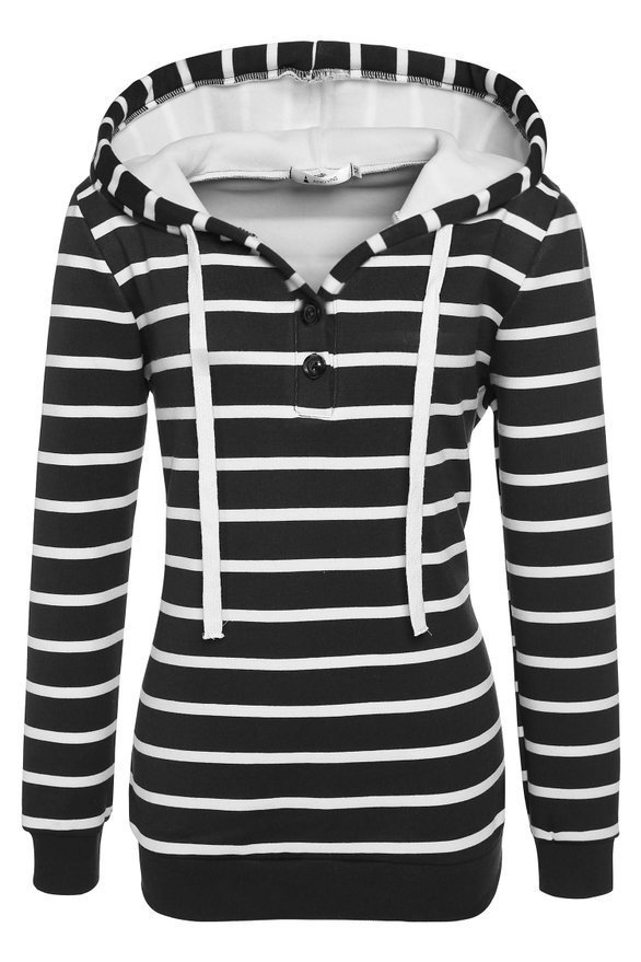 Autumn Street Style Striped Printing Women Casual Long Sleeved Hooded Shirt - Black