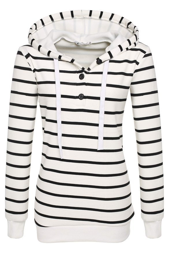 Autumn Street Style Striped Printing Women Casual Long Sleeved Hooded Shirt - White