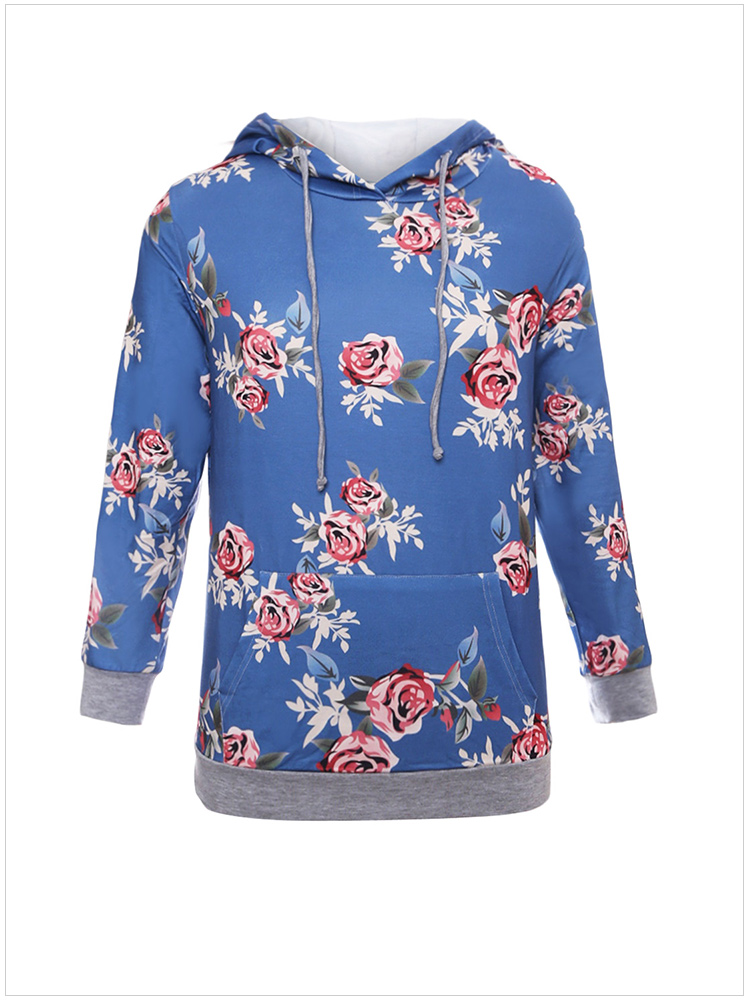 Women Casual Flower Print Hooded Shirts Floral Long-sleeved Shirt