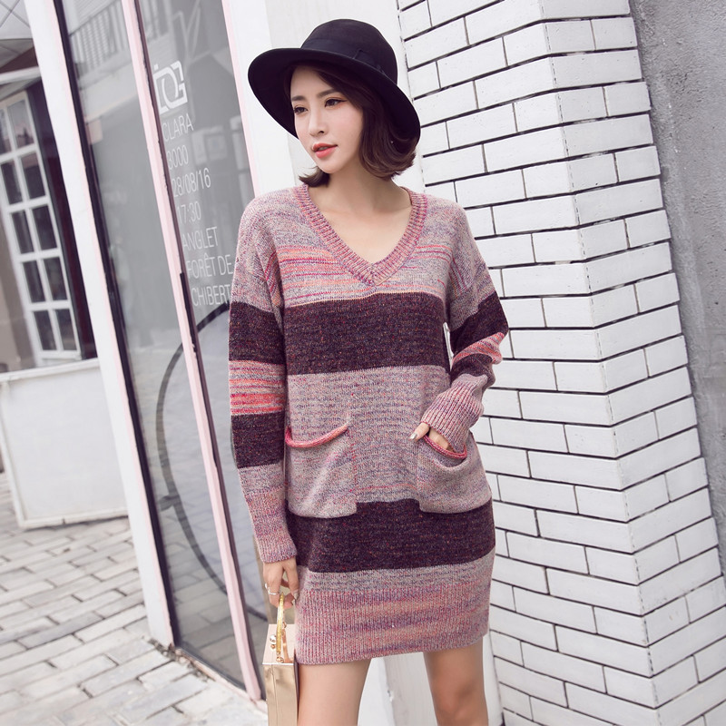 Fashion Womens Long Patchwork Pockets Loose Sweater Pullover Tops 