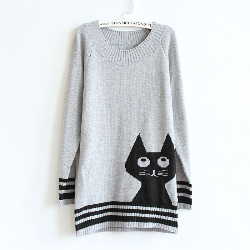 Cute Cat Pattern Long Sleeve Grey Pullovers Sweater