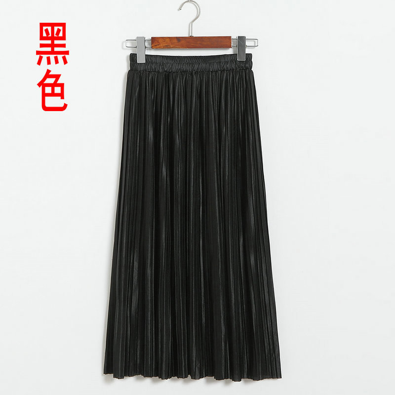Long Autumn Women Solid Pleated Skirt - Black