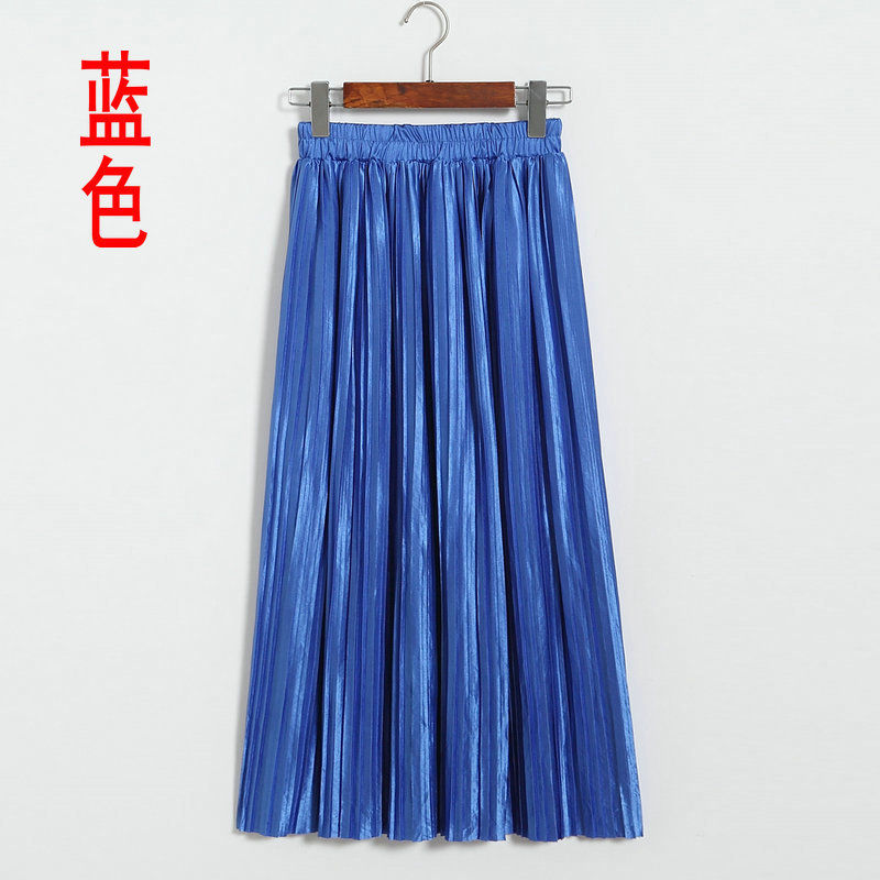 Long Autumn Women Solid Pleated Skirt - Blue