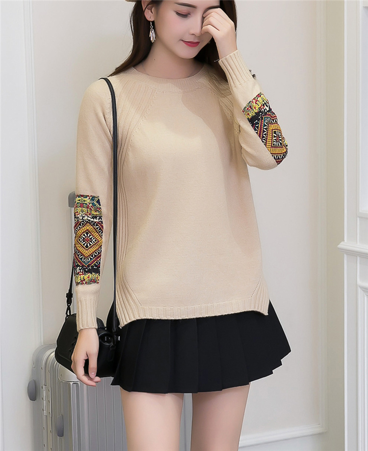 Women Fashion Round Neck Patchwork Sleeve Knitted Pullover Sweater Coat - Beige