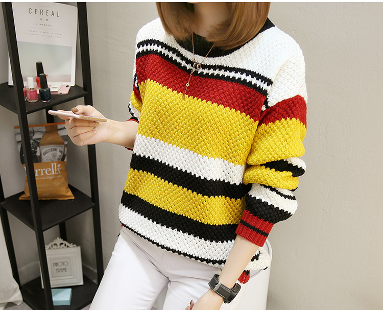 Striped Knitted Round Neck Sweater - Yellow