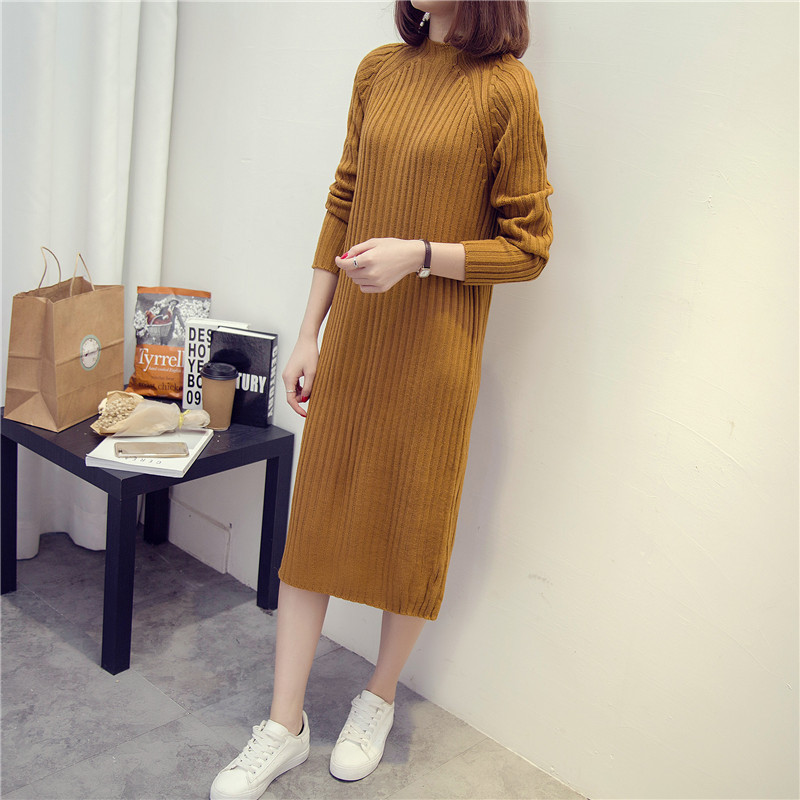 Style Long Knitted Sweater Dress - Khaki