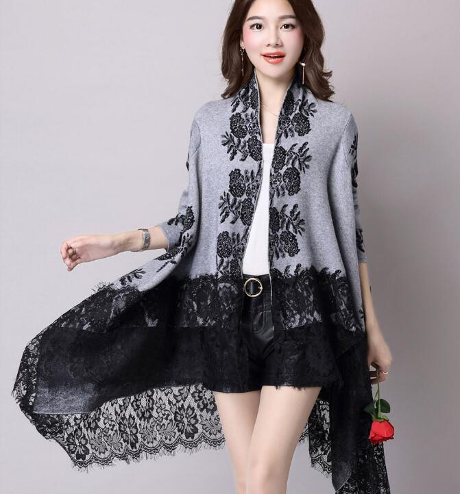 Fashion Autumn Winter Printing Loose Casual Lace Cardigan - Grey