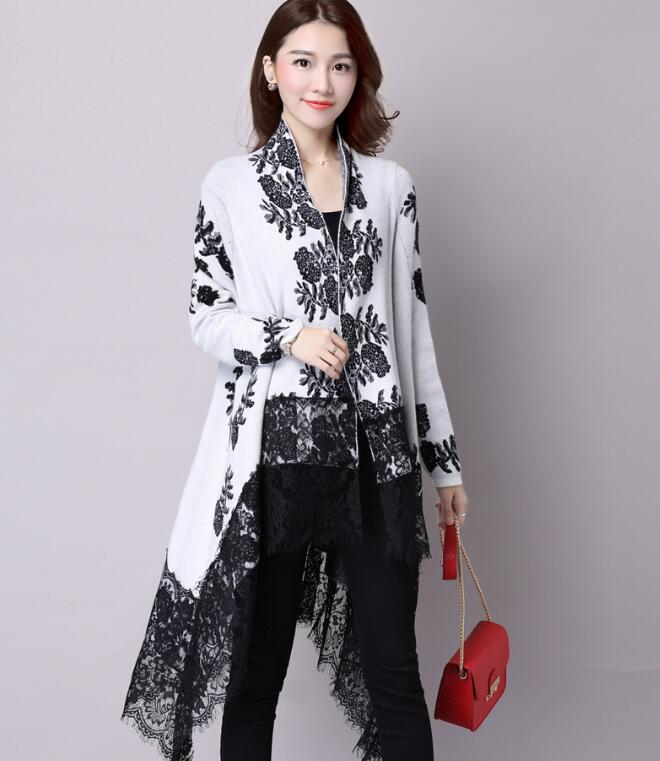 New Fashion Autumn Winter Printing Loose Casual Lace Cardigan - White