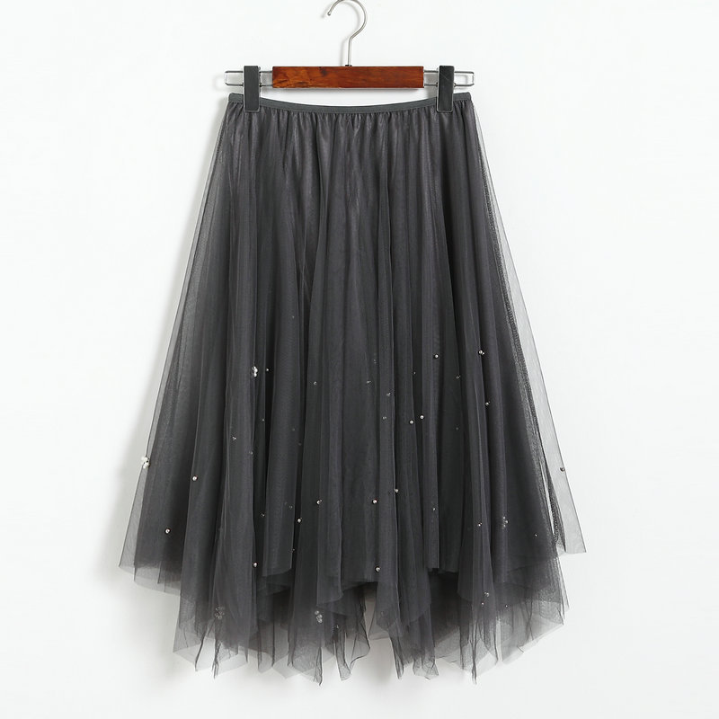 Elegant Beading High Waist Skirt - Grey