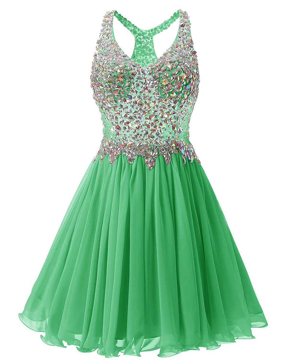 Luxurious V Collar Beads Sleeveless Party Short Dress - Green