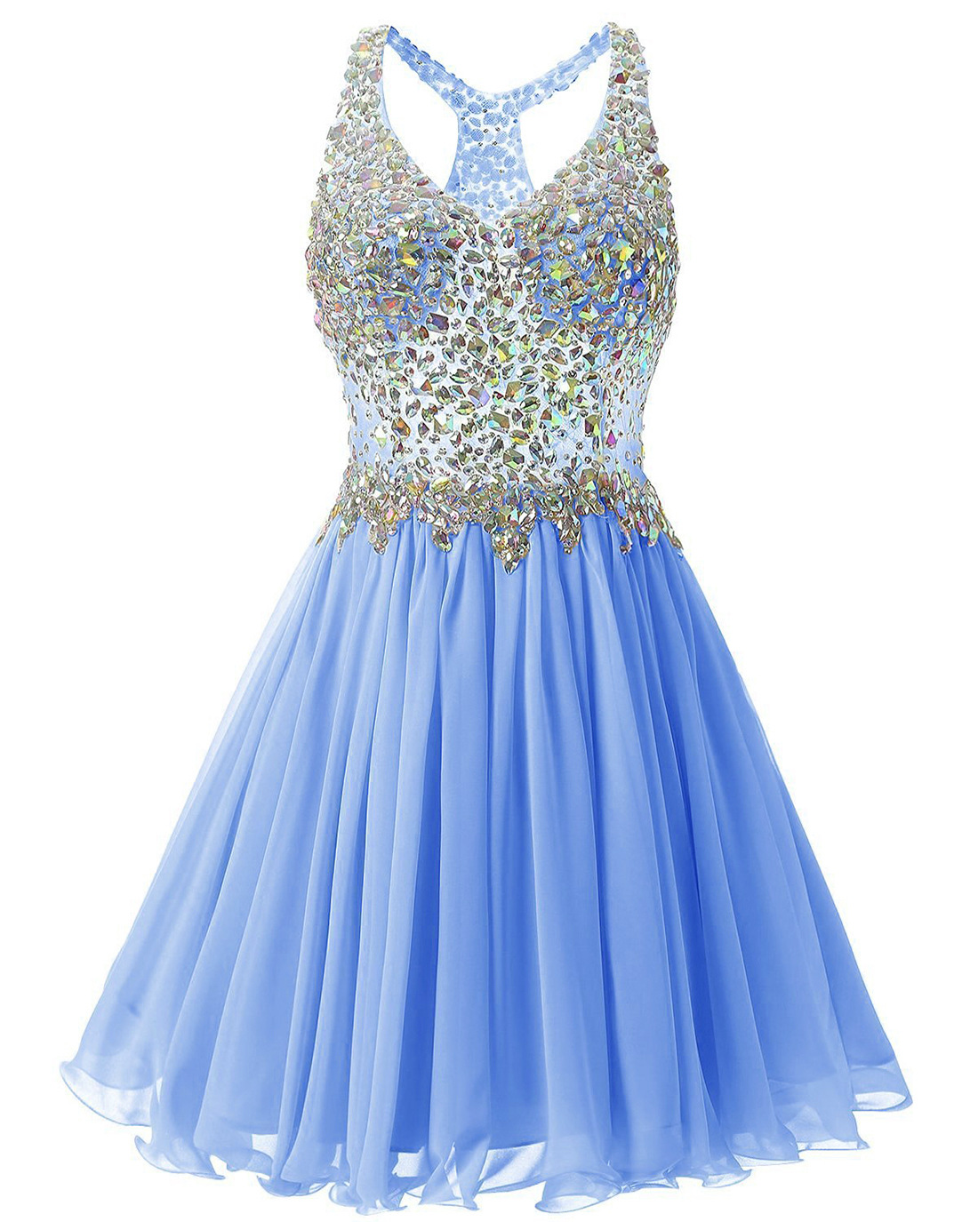 Luxurious V Collar Beads Sleeveless Party Short Dress - Light Blue