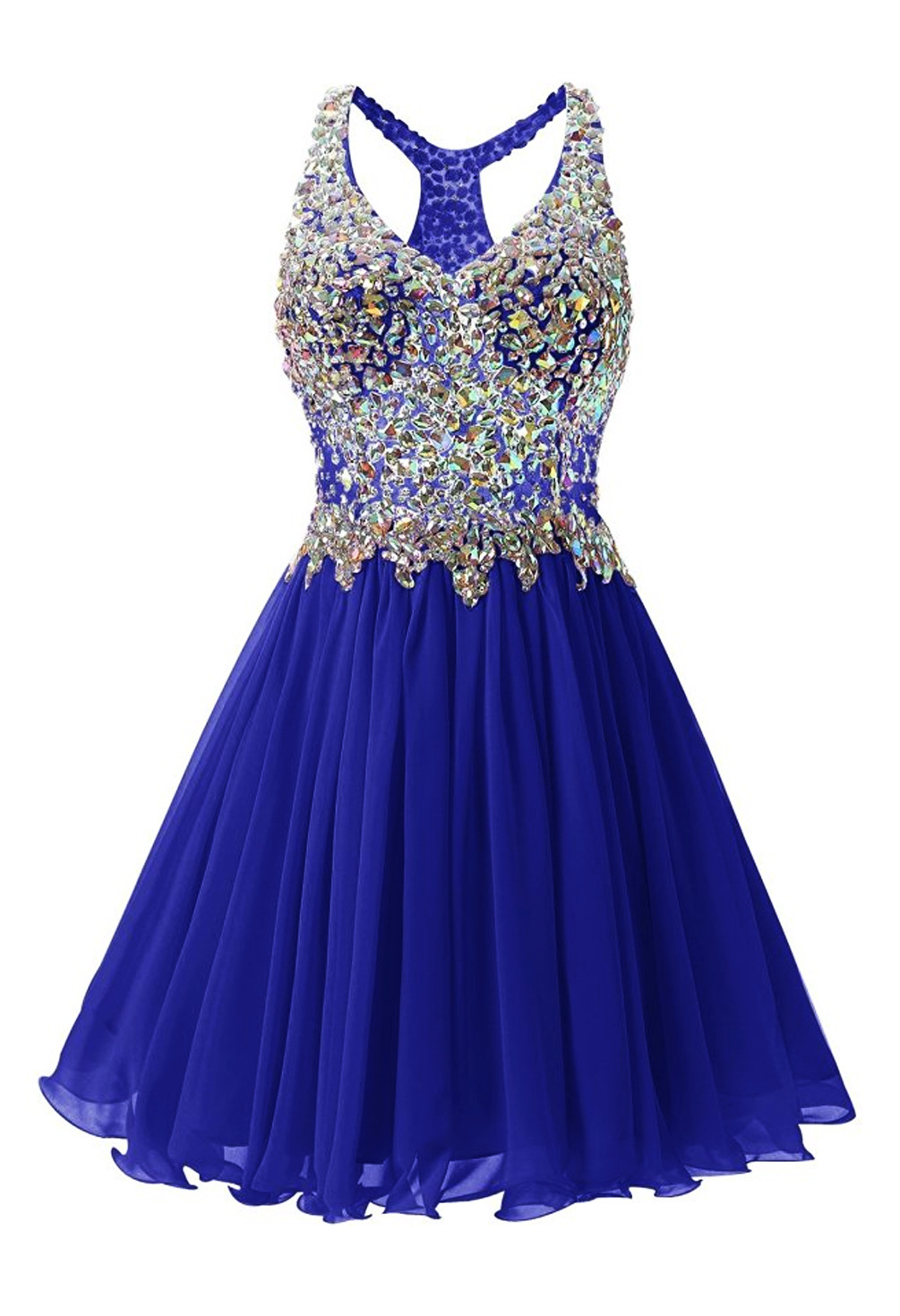 Luxurious V Collar Beads Sleeveless Party Short Dress - Blue